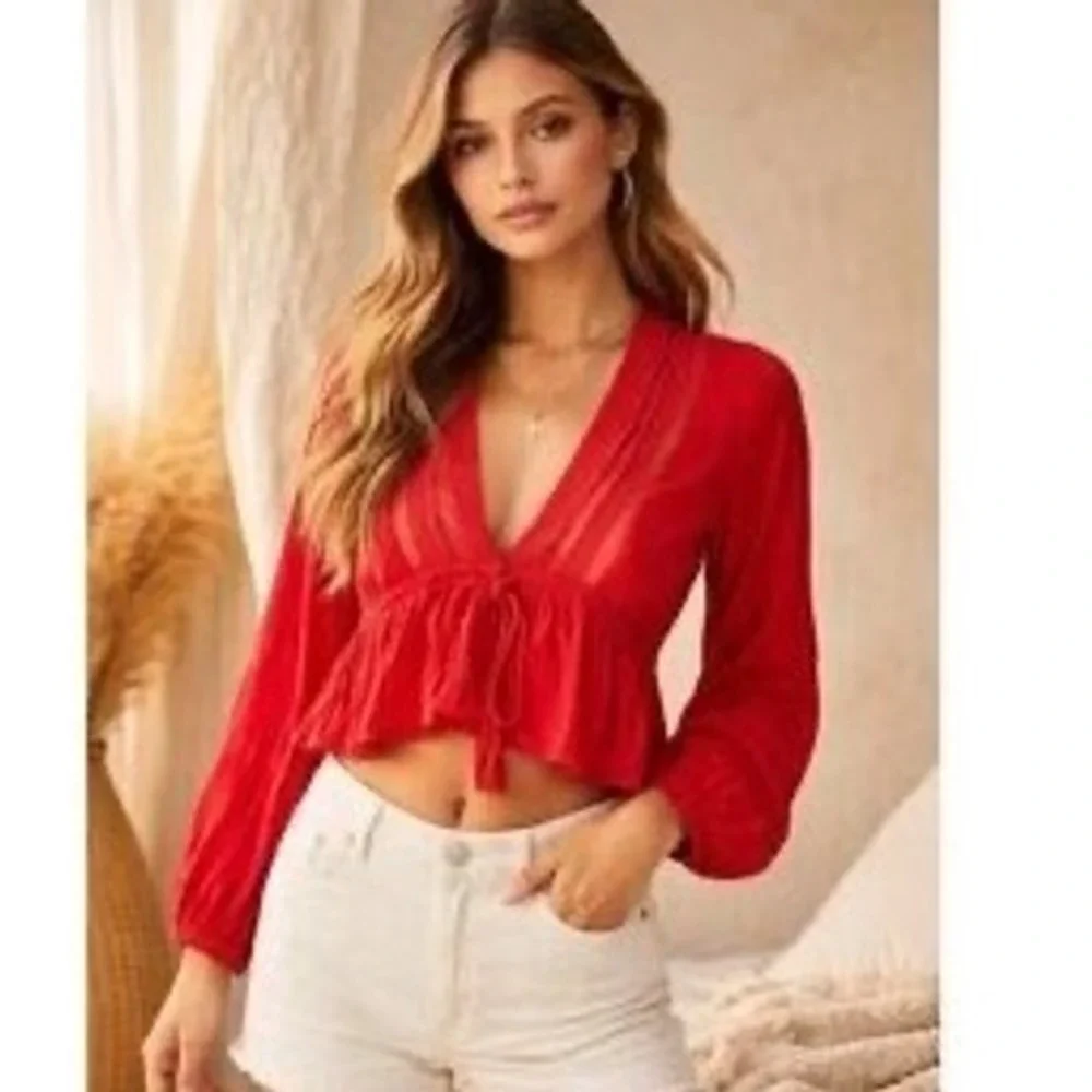 Free People Blouse Womens Medium Red Lace Trim Boho Peplum Tassel V-Neck